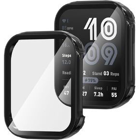 Suoman 2 Pack for Amazfit Bip 6 Case, 9H Tempered Glass Screen Protector, All-Coverage PC Protective Cover -Black+Clear