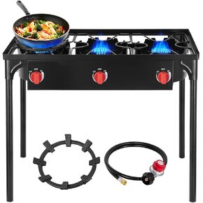 2 burner Camping Stove with Auto Ignition Button,Side Shelves & Regulator150,000 BTU Gas Stove Propane Burner for Outdoor BBQ&Backyard Cooking Camping Home