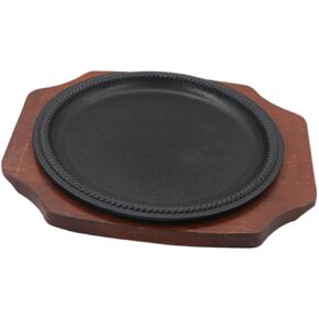 Cast Steak Plate Teppanyaki Grill Plate Nonstick with Wooden Base Skillet Round Steak for Home Restaurant Kitchen, L