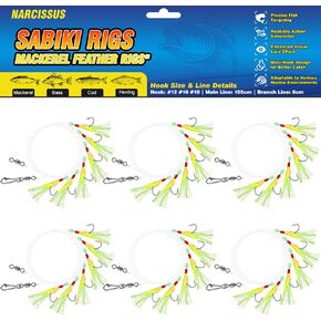 Narcissus Sabiki Rigs for Sea Fishing, 12Pack Pre-Tied Mackerel Feather Rigs with 60 Hooks, Luminous Beads & Bionic Insects, Perfect for Mackerel,Pollock,Cod,Herring,Bass