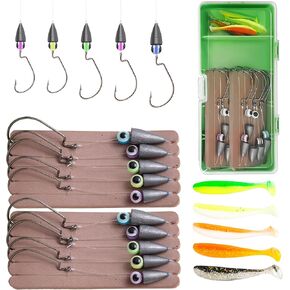 10 PCs Texas Rig Kit for Bass Crappie Fishing Leaders with Weights Hooks Rigged Line Kit, Texas Rigs with Tackle Box and 5pcs Paddle Tail Lures, 3/16oz-4pcs, 1/4oz-4pcs, 3/8oz-2pcs, Assorted