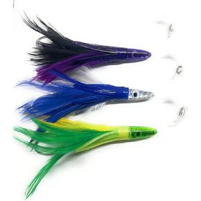 (3 Pack) Feather Offshore Fishing Lures. 6" long with 150lb mono. Dolphin Tuna Mahi Wahoo Saltwater Trolling Fishing Lures. Stainless Hooks. Hard Resin head for unmatched offshore trolling performance