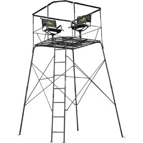 Rivers Edge® 12’ 2-Man Quad Pod Tower Stand, TearTuff™ Mesh Seats, 360-Degree Swivel Chairs, Adjustable Padded Shooting Rail, Unmatched Stability, Oversized Platform, RE401