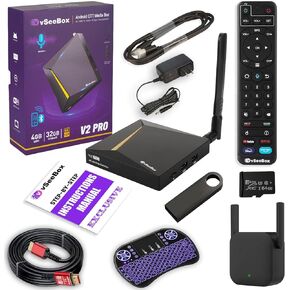 v See 2025 V2 Pro with Remote, Wi-Fi Extender, Light Strip, Keyboard, HDMI & Ethernet Cables, USB and Setup Manual.