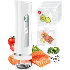 Fiii Vacuum Sealer with 30 Reusable Bags for Food, Powerful Handheld Vacuum Sealer Machine with Visible Water Tank, One Touch Kitchen Storage and Preservation, white & gray