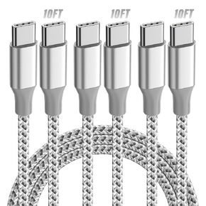 USB C Cable，3 Pack 10FT 60W Fast Charging USB C to USB C Cable, Durable Type C Charger Cable for iPhone 16/15/iPad MacBook CarPlay and More-Grey White