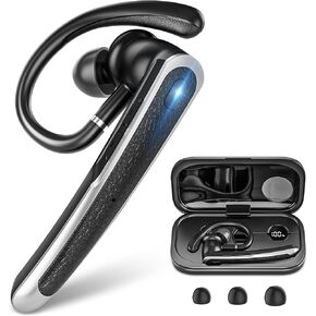 Bluetooth Headset, Wireless Bluetooth Earpiece with LED Charging Case, Hands Free Noise Canceling Headphones with Dual-Mic for Computer Cell Phones Trucker Home Office Work - Black