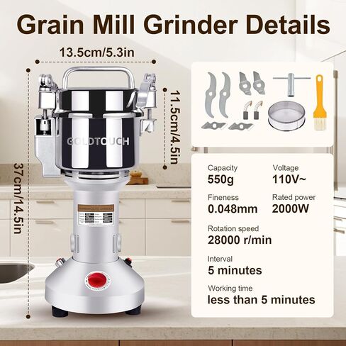 Goldtouch 750g High-Speed Electric Grain Mill Grinder, 2800W 110V Stainless Steel Flour Mill Makes Gluten Free Flours, Grain Mill for Home and Commercial Use in Kuwait