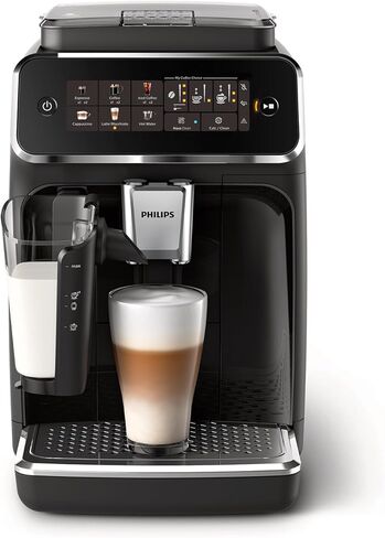 Machine Coffee Series 3300 التلقائي التلقائي بالكامل - 6 مشروبات ساخنة ومثلجة ، نظام حليب لاتيغو ، بنسبة 40 ٪ صامتة ، طاحونة من السيراميك ، مرشح Aquaclean ، أسود لامع (EP3341/50) in Kuwait