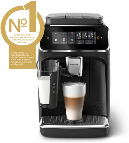 Machine Coffee Series 3300 التلقائي التلقائي بالكامل - 6 مشروبات ساخنة ومثلجة ، نظام حليب لاتيغو ، بنسبة 40 ٪ صامتة ، طاحونة من السيراميك ، مرشح Aquaclean ، أسود لامع (EP3341/50) in Kuwait