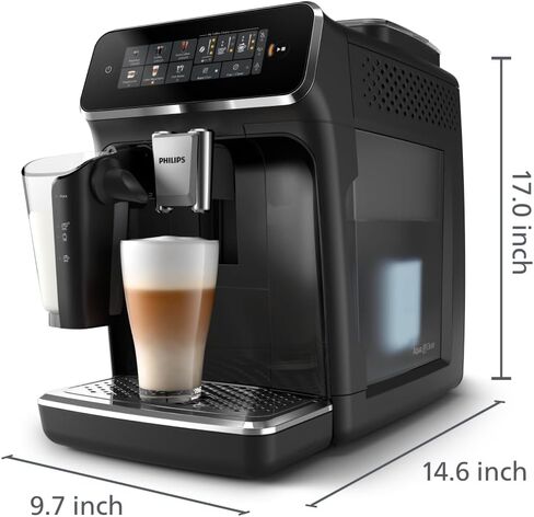Machine Coffee Series 3300 التلقائي التلقائي بالكامل - 6 مشروبات ساخنة ومثلجة ، نظام حليب لاتيغو ، بنسبة 40 ٪ صامتة ، طاحونة من السيراميك ، مرشح Aquaclean ، أسود لامع (EP3341/50) in Kuwait