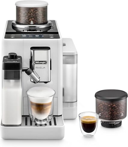 De'Longhi Rivelia Automatic Espresso Machine with Grinder & Milk Frother – All-in-One Coffee Maker, Hot & Iced Latte, Cappuccino, Bean Switch System, Burr Grinder, Compact Italian Design, White in Saudi Arabia