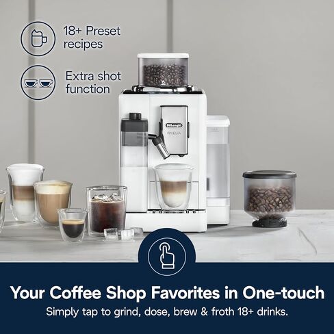 De'Longhi Rivelia Automatic Espresso Machine with Grinder & Milk Frother – All-in-One Coffee Maker, Hot & Iced Latte, Cappuccino, Bean Switch System, Burr Grinder, Compact Italian Design, White in Saudi Arabia