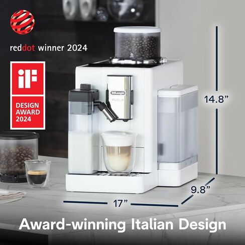 De'Longhi Rivelia Automatic Espresso Machine with Grinder & Milk Frother – All-in-One Coffee Maker, Hot & Iced Latte, Cappuccino, Bean Switch System, Burr Grinder, Compact Italian Design, White in Saudi Arabia