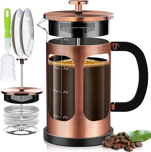 French Press Coffee Maker (34oz 1Quart 5-6Cup) Coffee Press, with 4 Filters System, Heat Resistant Thickness Borosilicate Glass, Cold Brew Coffee Tea Pot Gifts (Copper) in Saudi Arabia