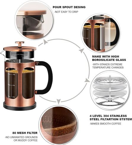French Press Coffee Maker (34oz 1Quart 5-6Cup) Coffee Press, with 4 Filters System, Heat Resistant Thickness Borosilicate Glass, Cold Brew Coffee Tea Pot Gifts (Copper) in Saudi Arabia