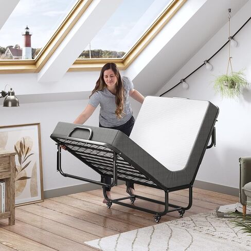 DICTAC Folding Bed with Mattress 75 x 38 Twin Size Bed Frame Portable Foldable Guest Beds for Adults Rollaway Bed with Wheels Fold up Beds for Easy Storage and Move- 5'' Luxurious Memory Foam Mattress in Saudi Arabia