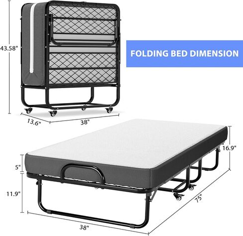 DICTAC Folding Bed with Mattress 75 x 38 Twin Size Bed Frame Portable Foldable Guest Beds for Adults Rollaway Bed with Wheels Fold up Beds for Easy Storage and Move- 5'' Luxurious Memory Foam Mattress in Saudi Arabia