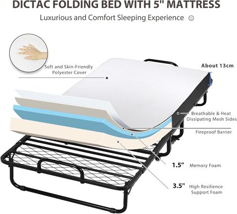 DICTAC Folding Bed with Mattress 75 x 38 Twin Size Bed Frame Portable Foldable Guest Beds for Adults Rollaway Bed with Wheels Fold up Beds for Easy Storage and Move- 5'' Luxurious Memory Foam Mattress in Saudi Arabia