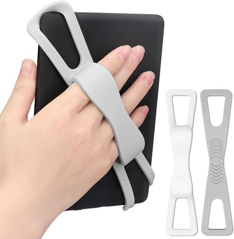 2 Pack Silicone Hand Straps for Kindle and Tablets, Secure Lightweight Finger Grip Holder for 4.7-8" Kindle Paperwhite/iPad/Samsung/Kobo/Oasis/Fire/Sony/Lenovo E-Readers (White+Grey) in Saudi Arabia