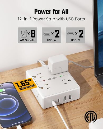 SUPERDANNY Extension Cord,Flat Plug Surge Protector Power Strip,10Ft | 8 AC & 4 USB Ports (2 USB C),Surge Protector with 1050J,Desk Charging Station for Home Office,College Dorm Room Essentials in Saudi Arabia