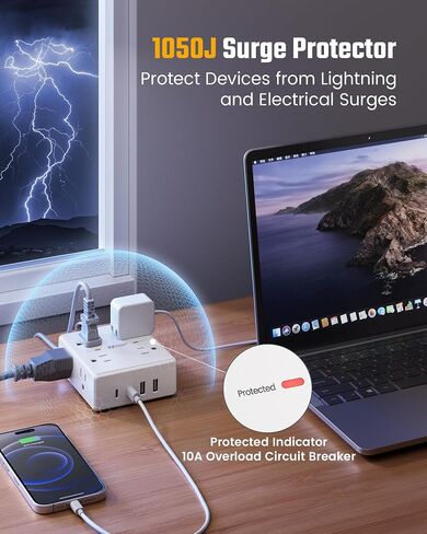 SUPERDANNY Extension Cord,Flat Plug Surge Protector Power Strip,10Ft | 8 AC & 4 USB Ports (2 USB C),Surge Protector with 1050J,Desk Charging Station for Home Office,College Dorm Room Essentials in Saudi Arabia