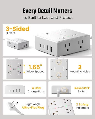 SUPERDANNY Extension Cord,Flat Plug Surge Protector Power Strip,10Ft | 8 AC & 4 USB Ports (2 USB C),Surge Protector with 1050J,Desk Charging Station for Home Office,College Dorm Room Essentials in Saudi Arabia