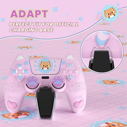 PlayVital for PS5 Controller Skin Cover - Cute Spring Lesser Panda Silicone Case for PS5 Controller with Thumbstick Caps & Sticker - Full Protection, Charging Dock Compatible - Cotton Candy Pink in Kuwait