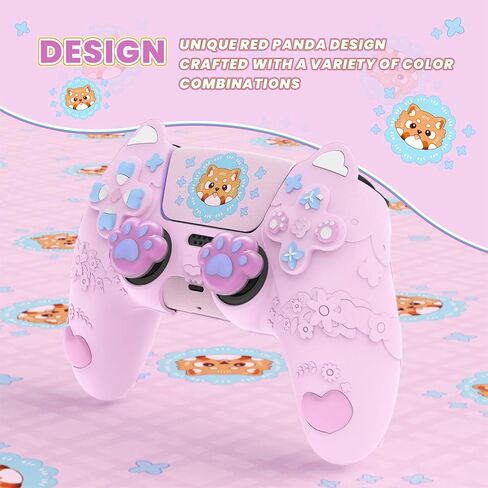 PlayVital for PS5 Controller Skin Cover - Cute Spring Lesser Panda Silicone Case for PS5 Controller with Thumbstick Caps & Sticker - Full Protection, Charging Dock Compatible - Cotton Candy Pink in Kuwait