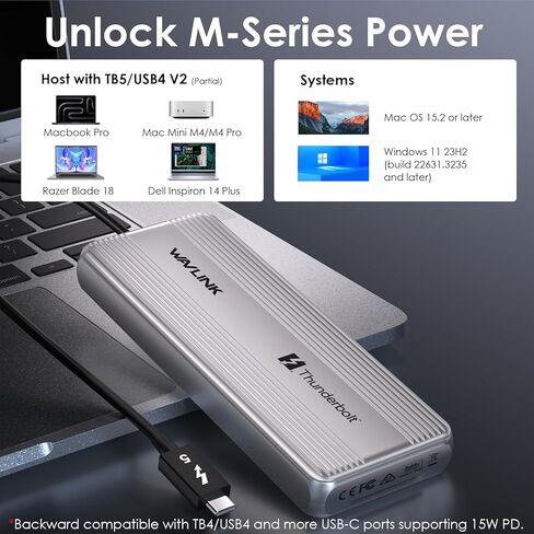 Wavlink 4tb Thunerbolt 5 M.2 NVME SSD SPRAW ، محرك SSD خارجي فائقة 80 جيجابت في الثانية مع مروحة تبريد وطبقة حرارية من الألومنيوم ، معتمد من Thunderbolt in Kuwait