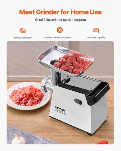مطحنة اللحوم Vevor ، 3 رطل/دقيقة طاحونة اللحوم الكهربائية مع شفرة ، صفيحة طحن ، صانع النقانق ، Kubbe Kit ، Mincer Mincer Fethel Fething for Home Kitchen in Kuwait