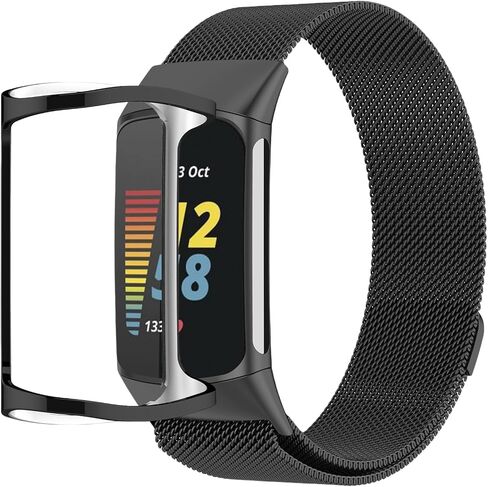 Bands with Case Compatible for Fitbit Charge 6/5, Metal Adjustable Braided Strap with Magnetic Clasp, Stainless Steel Mesh Loop TPU Bumper Cover for Men Women in Kuwait