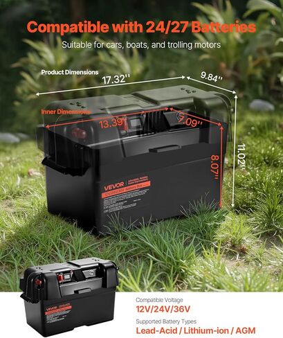 VEVOR Battery Box, Group 24-27 Trolling Motor Battery Box, 12V/24V Marine Batteries Case with PP Shell and Dual Straps, Smart Batteries Case, Suitable for Trolling Motor, Marine,RV & Solar Panel in Saudi Arabia