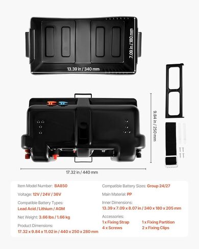 VEVOR Battery Box, Group 24-27 Trolling Motor Battery Box, 12V/24V Marine Batteries Case with PP Shell and Dual Straps, Smart Batteries Case, Suitable for Trolling Motor, Marine,RV & Solar Panel in Saudi Arabia