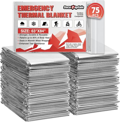 SecuCaptain Survival Emergency Thermal Blankets: Extra Large 84" x63" Space Mylar Blanket Kit for Outdoor Cold Winter Camping Hiking Car Bug Out Bag or First Aid - 10 Pack in Kuwait