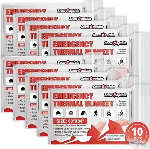 SecuCaptain Survival Emergency Thermal Blankets: Extra Large 84" x63" Space Mylar Blanket Kit for Outdoor Cold Winter Camping Hiking Car Bug Out Bag or First Aid - 10 Pack in Kuwait