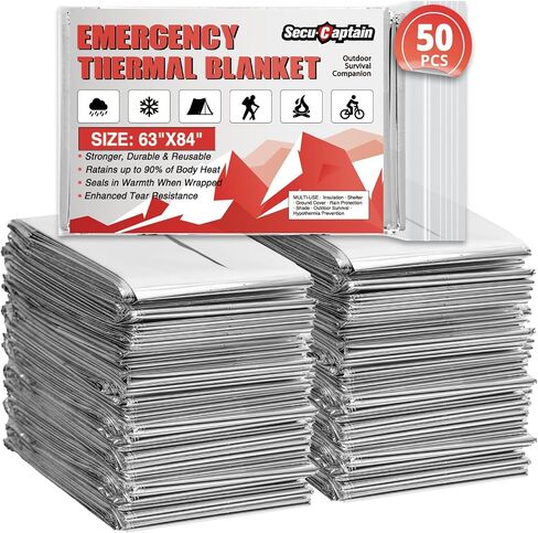 SecuCaptain Survival Emergency Thermal Blankets: Extra Large 84" x63" Space Mylar Blanket Kit for Outdoor Cold Winter Camping Hiking Car Bug Out Bag or First Aid - 10 Pack in Kuwait