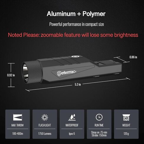 Defentac 1600 Lumens المصباح التكتيكي مع لحظة وقوية للبندقية ، ضوء الأسلحة مع مفتاح الضغط المدمج متوافق مع سطح السكك الحديدية M ، قابلة لإعادة الشحن المغناطيسي in Kuwait