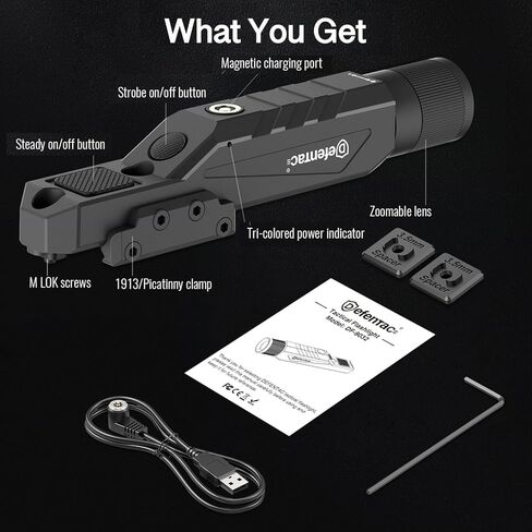 Defentac 1600 Lumens المصباح التكتيكي مع لحظة وقوية للبندقية ، ضوء الأسلحة مع مفتاح الضغط المدمج متوافق مع سطح السكك الحديدية M ، قابلة لإعادة الشحن المغناطيسي in Kuwait