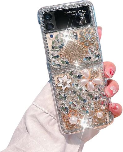 حافظة Poowear لهاتف Samsung Galaxy Z Flip 4 5G، حافظة فاخرة مصنوعة يدويًا من حجر الراين والكريستال والماس اللامع الناعم من مادة TPU للنساء والفتيات مع Galaxy Z Flip 4 5G (2022) in Saudi Arabia