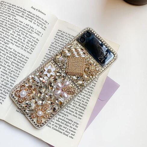 حافظة Poowear لهاتف Samsung Galaxy Z Flip 4 5G، حافظة فاخرة مصنوعة يدويًا من حجر الراين والكريستال والماس اللامع الناعم من مادة TPU للنساء والفتيات مع Galaxy Z Flip 4 5G (2022) in Saudi Arabia
