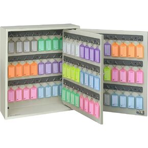 Acrimet Key Cabinet Organizer 96 Positions with Lock (Wall Mount) (96 Multicolored Tags Included) (Beige Cabinet)