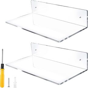 12 Inch L-Shaped Acrylic Floating Shelf Wall Mounted Shelves Invisible 5MM Thick Shelf for Wall Storage Clear Shelves for Makeup Photo Picture Book Record Display 2 Pack