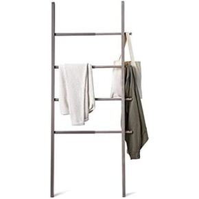 Umbra Hub Ladder – Adjustable Clothing Rack for Bedroom or Freestanding Towel Rack for Bathroom | Expands from 16 to 24 inches with 4 Notched Hooks, White/Natural