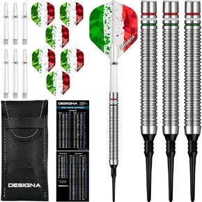 Designa 20g 90% Tungsten, Italy Italian Flag Red White & Green Patriot X Soft Tip Dart Set, Flights & Shafts Included (2 Sets Each), w/Travel Case, 20 Grams