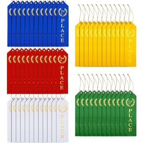 75 Pcs Award Ribbons 1st, 2nd, 3rd, 4th, 5th Place Flat Carded Set Prize Ribbon Contest Award Ribbons with Event Card and Rope for Competition, Sports Event, School, Contests