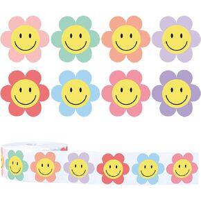 AnyDesign 1000Pcs Daisy Flower Stickers Roll Happy Smile Face Decal Stickers Self-Adhesive Floral Reward Stickers Groovy Label Motivational Stickers for School Teacher Kids Students, 8 Design