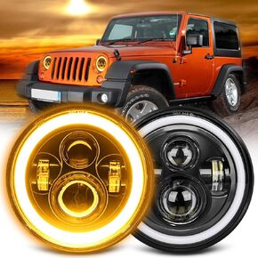 UNI-SHINE 7 inch Red Halo led Headlight Hi/Lo Beam with Amber Turn Signal 2pcs 7 inch led Headlight DOT Round H6024 LED Headlight Compatible with Jeep Wrangler JK TJ CJ, Compatible with Chevy