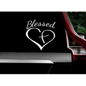 HorizonT Rainbow Animated Design Blessed Cross and Heart Christian Decal Glossy Vinyl Cars Trucks Vans Walls Laptop White 5.5 in