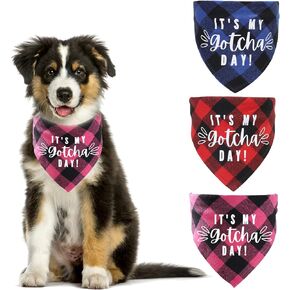 Plaid Dog Bandana, 3 PCS Plaid Dog Bandana Collar It’s My Gotcha Day Dog Bandana Adjustable Pet Triangle Scarf for Small Medium Dogs Cats Puppy, L